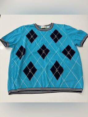 Alfred Dunner Teal and Navy Argyle Crewneck Sweater